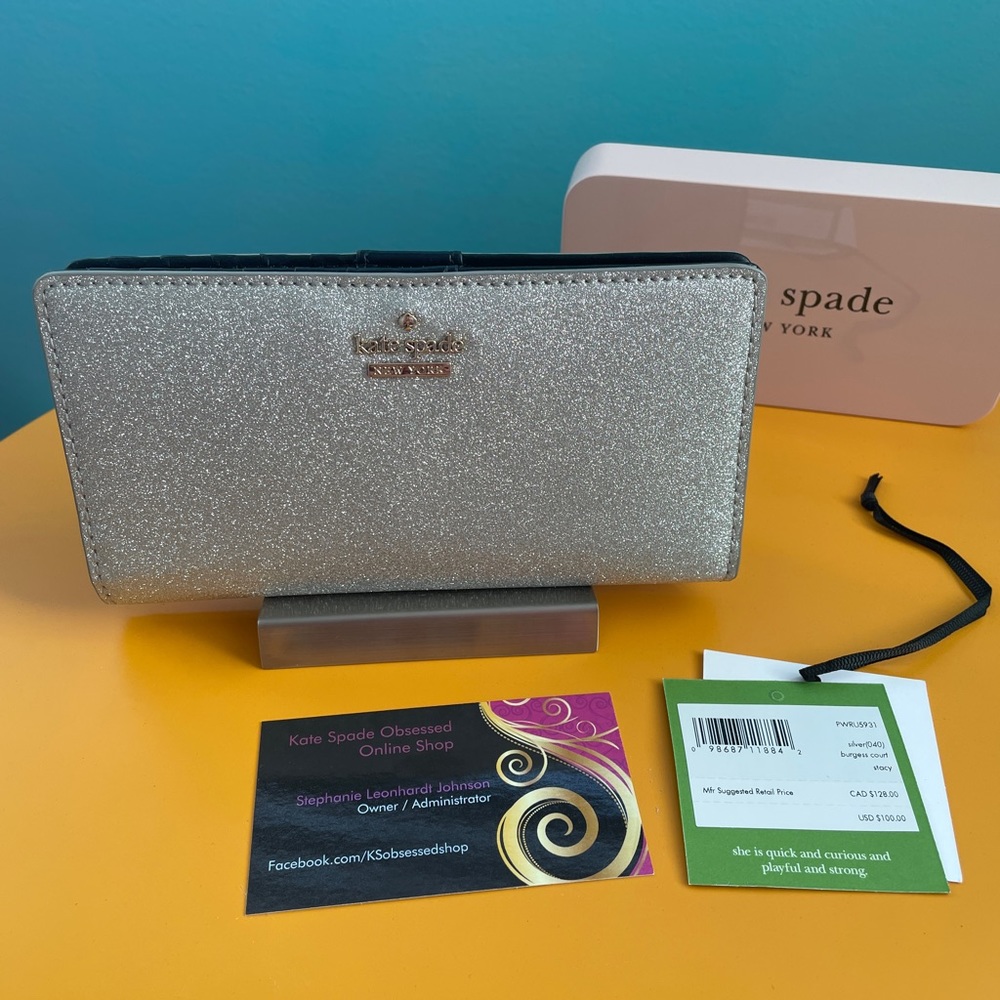 NWT Kate Spade Burgess Court Stacy bifold wallet PWRU5931 / Silver Glitter
